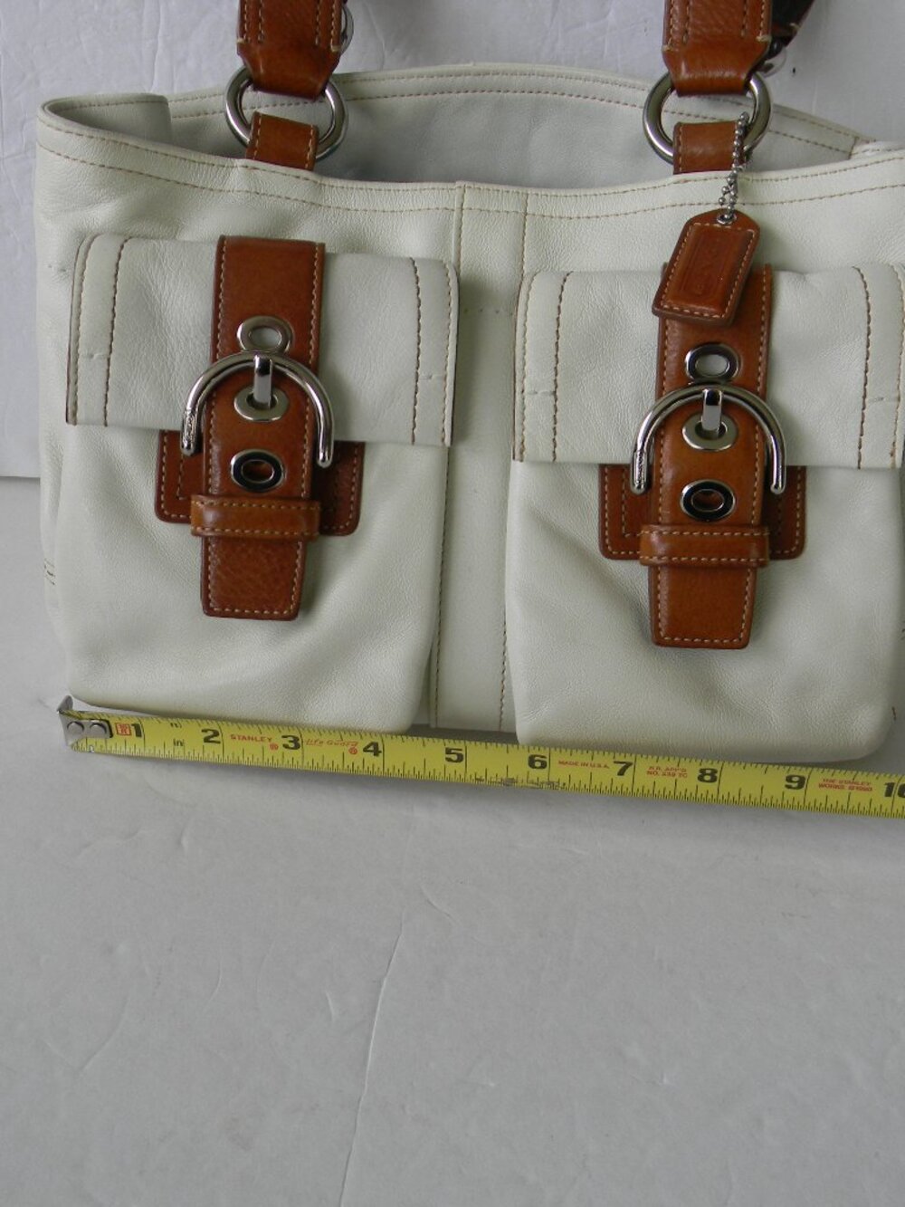 COACH Soho White&Tan Leather Buckle DOUBLE POCKET Bag F08A09 Y2K - Picture 2 of 8